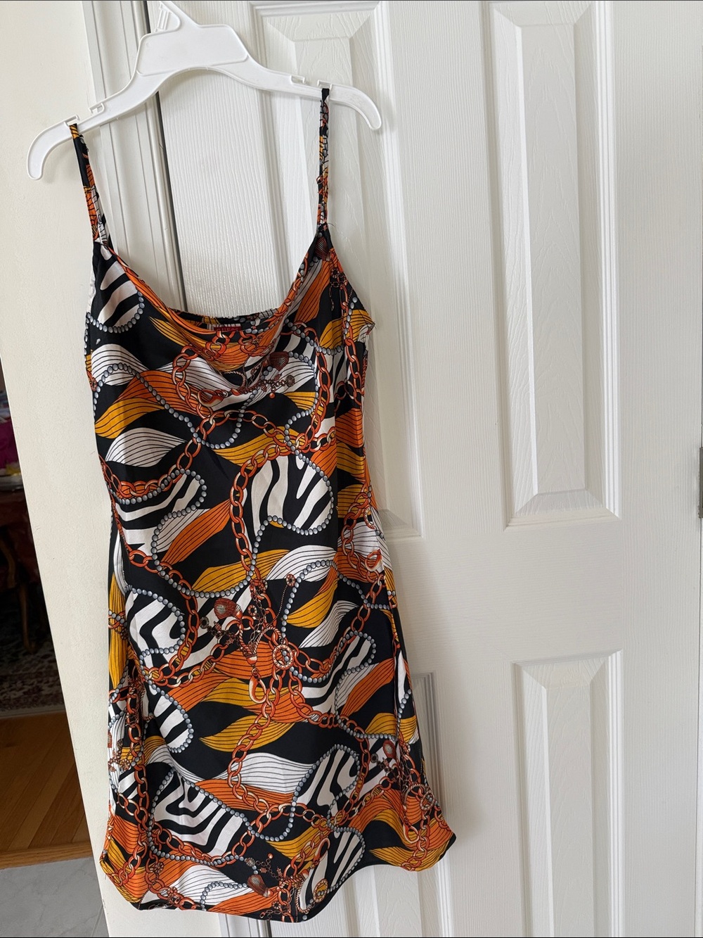 Guess Black, White, Orange & Gold Chain-Print Slip Dress